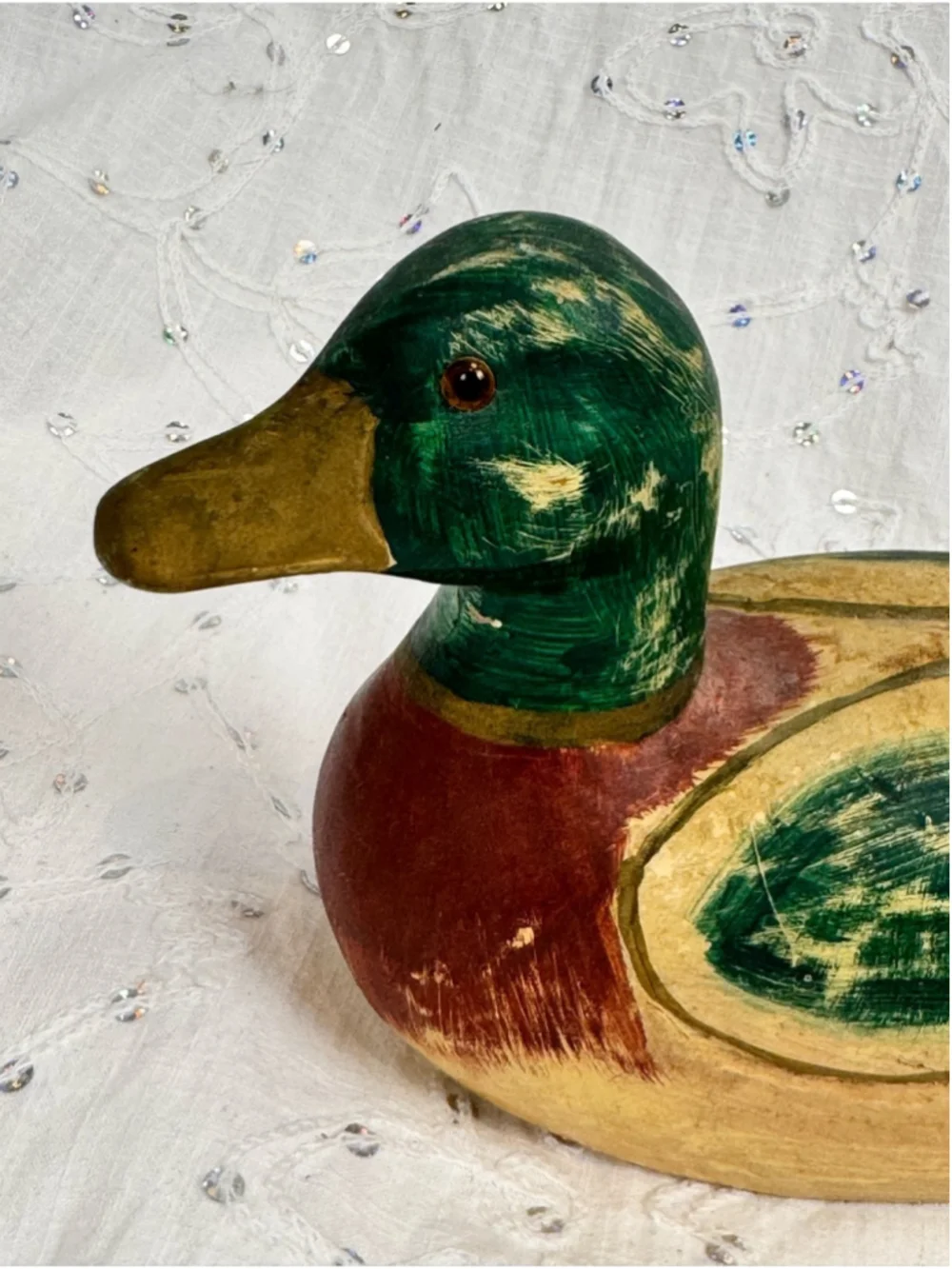Vintage Hand Carved Painted Wood Mallard Duck | Rustic Folk Art Decoy Decor
